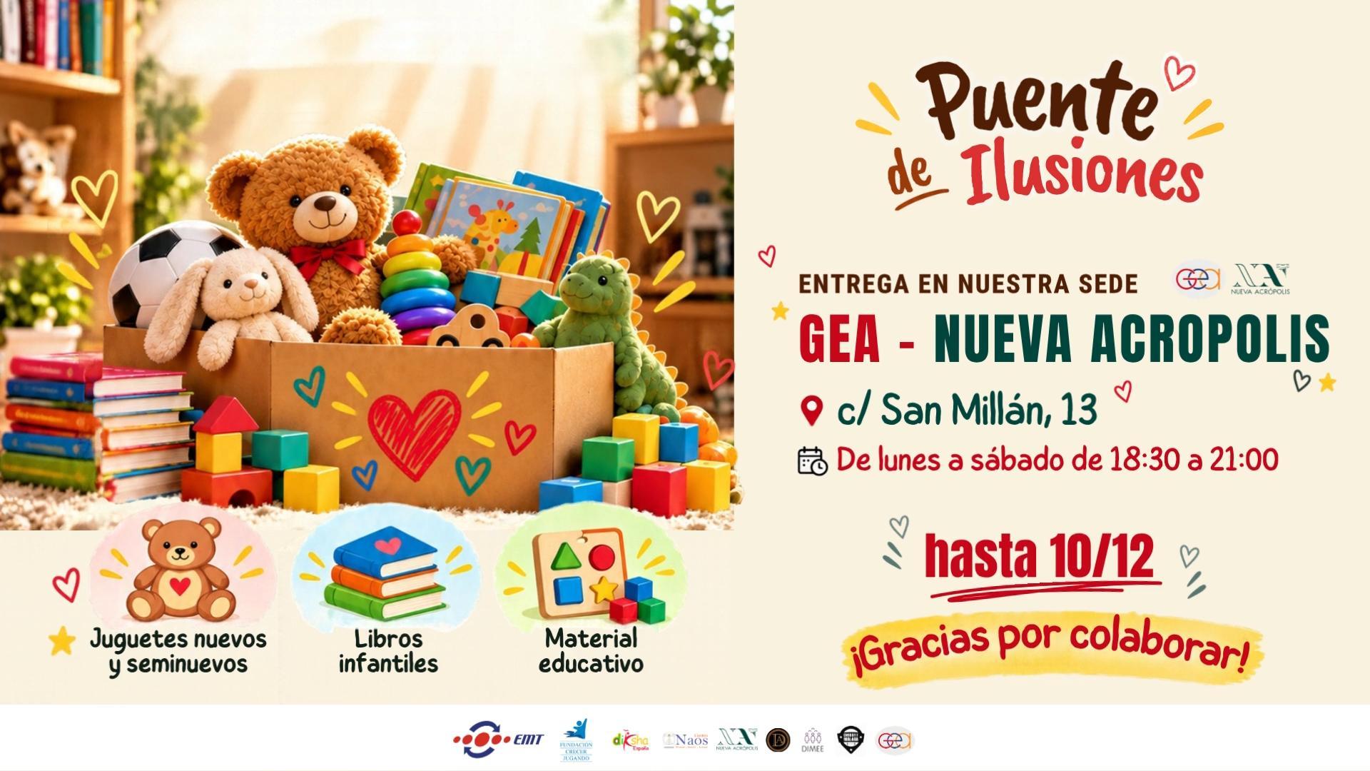 Cartel de la campaña Puente de Ilusiones 2026 de GEA Málaga: recogida de juguetes, libros y material educativo hasta el 10 de diciembre